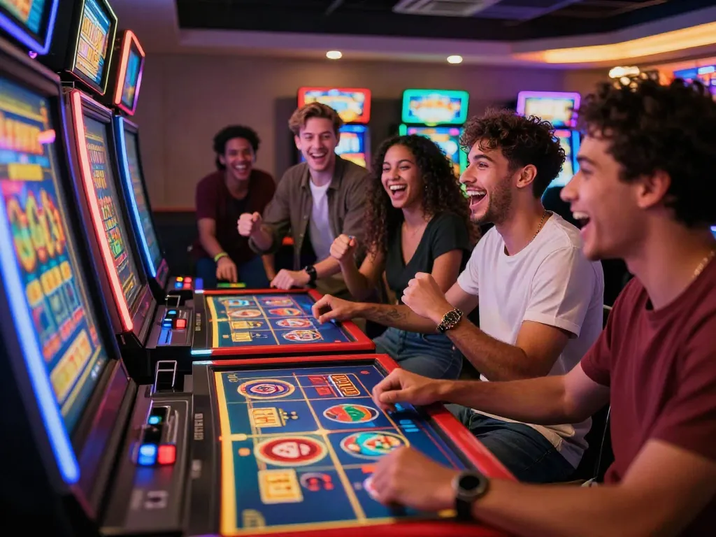 Friends excitedly playing judi slot at a modern gambling venue filled with colorful lights.
