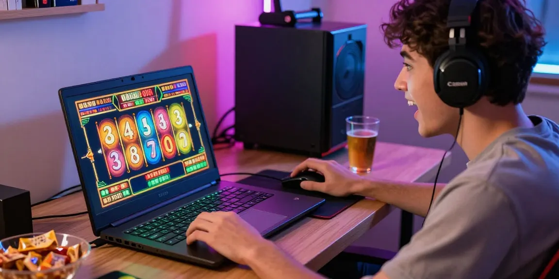 Pengguna vegas123 bermain slot online dengan penuh semangat di laptop modern, dikelilingi aksesori gaming.