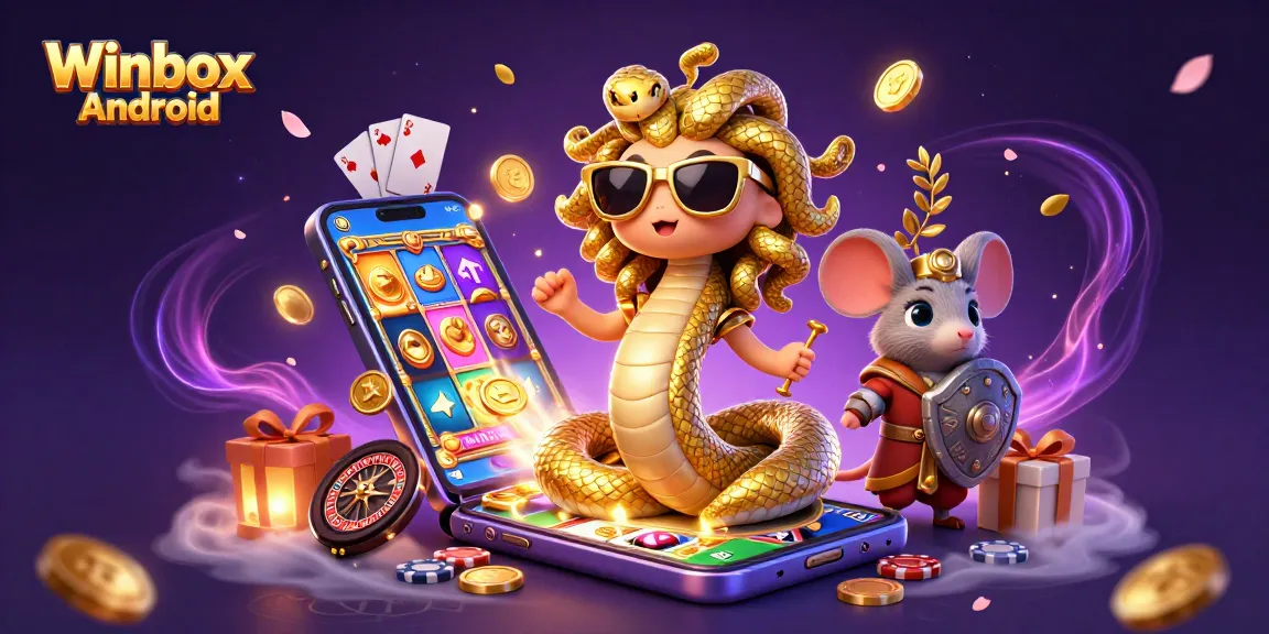Winbox Android app illustration showcasing mobile gaming with vibrant visuals, Medusa, and casino elements.