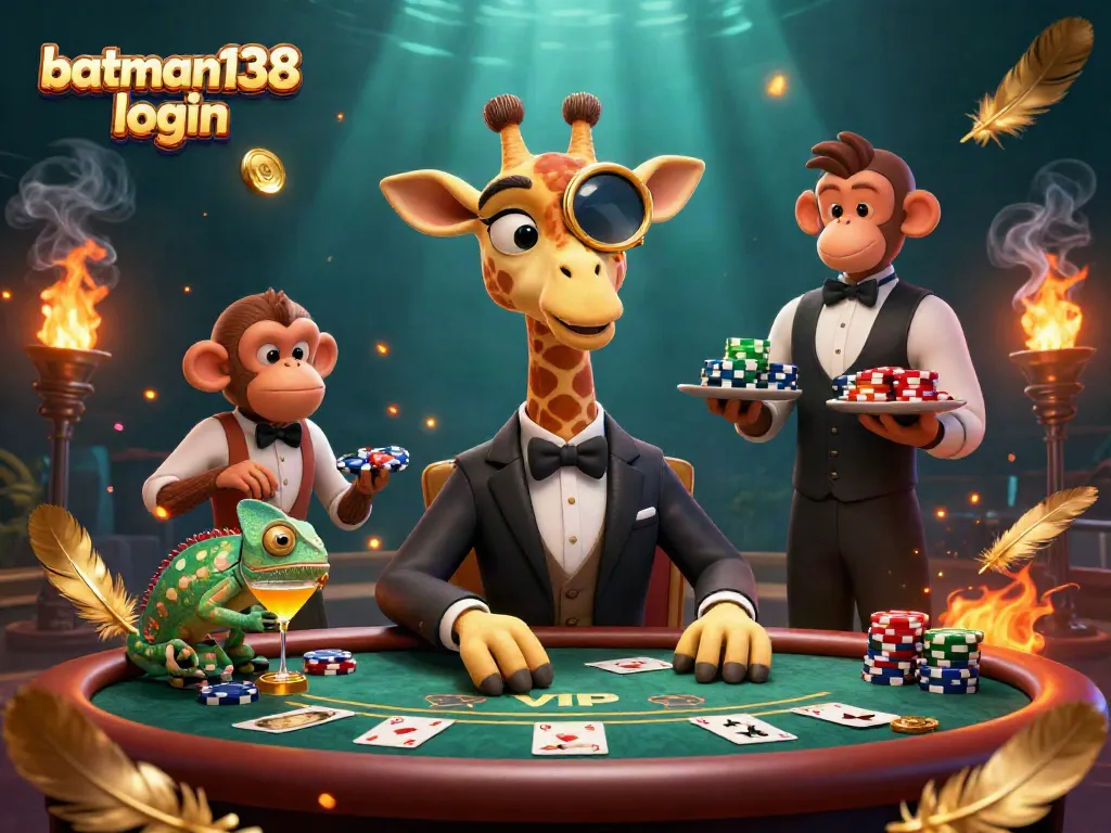 Experience the excitement of batman138 login with a high-roller giraffe at a poker table in a vibrant casino setting.