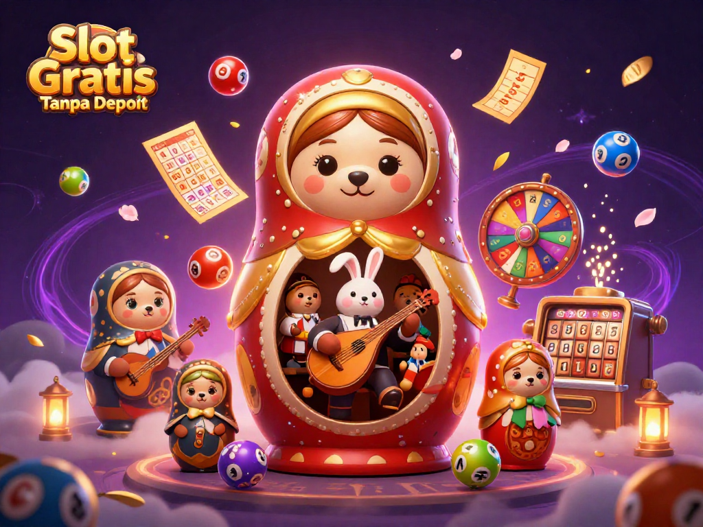 Engage with Slot Gratis Tanpa Deposit, featuring vibrant lottery and casino elements in a lively 3D scene.