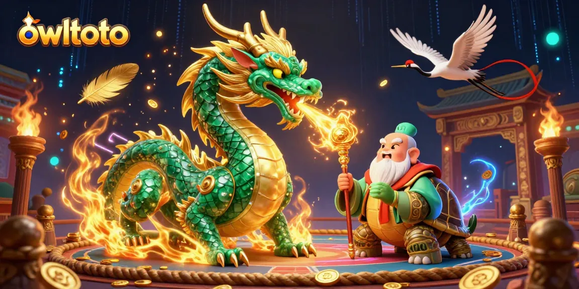 Join owltoto's thrilling casino adventure with a jade dragon and lucky cranes for winning moments.
