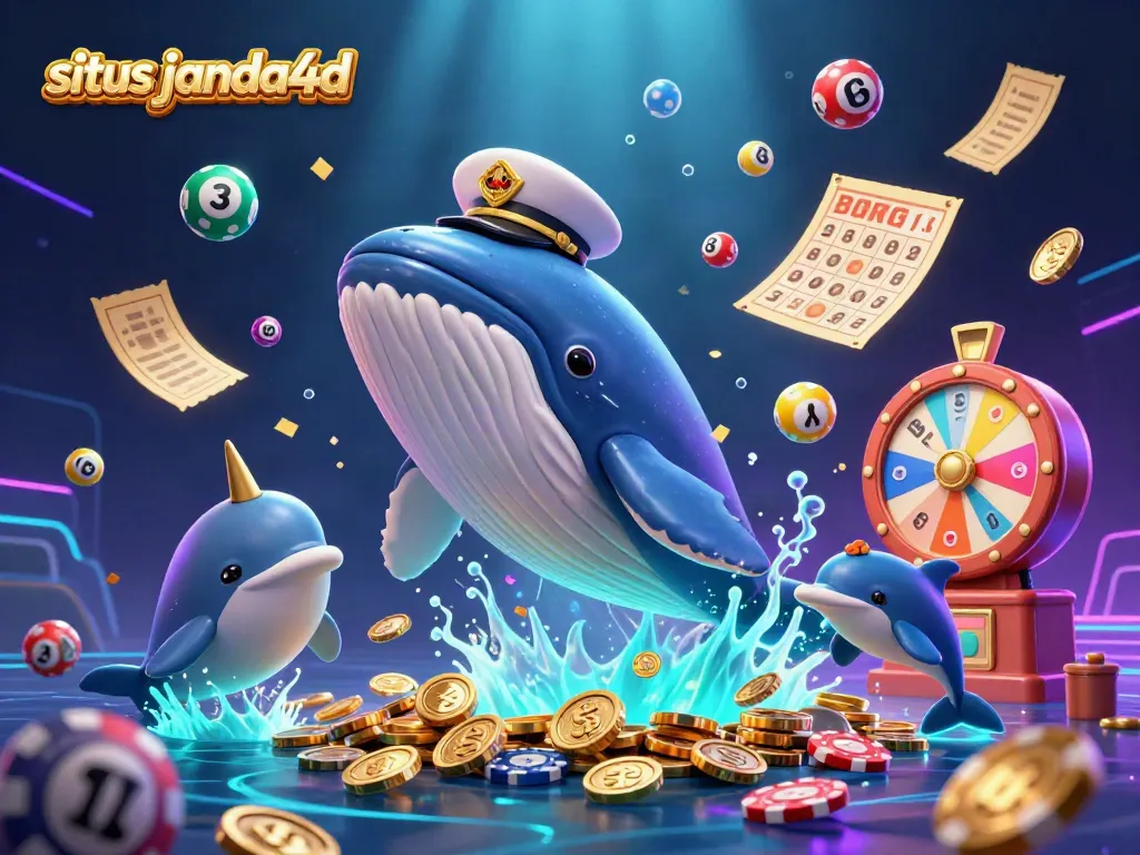 Visualisasi permainan situs janda4d dengan ikan paus 3D dan elemen permainan berwarna-warni.
