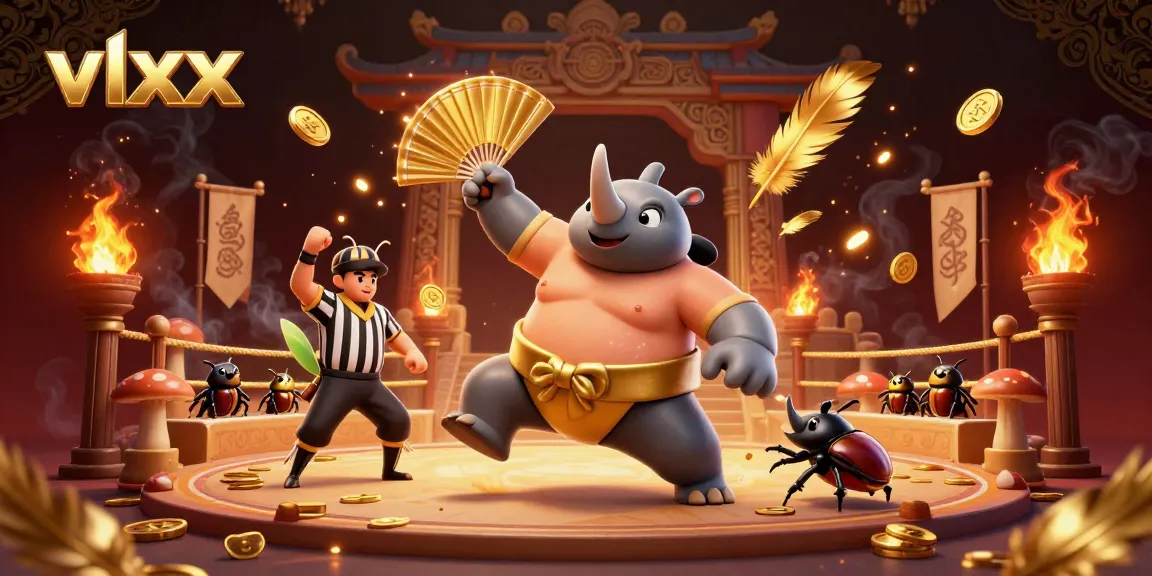 Experience thrilling action with vlxx as the rhinoceros beetle champion stomps amidst scattering coins in dynamic gameplay.