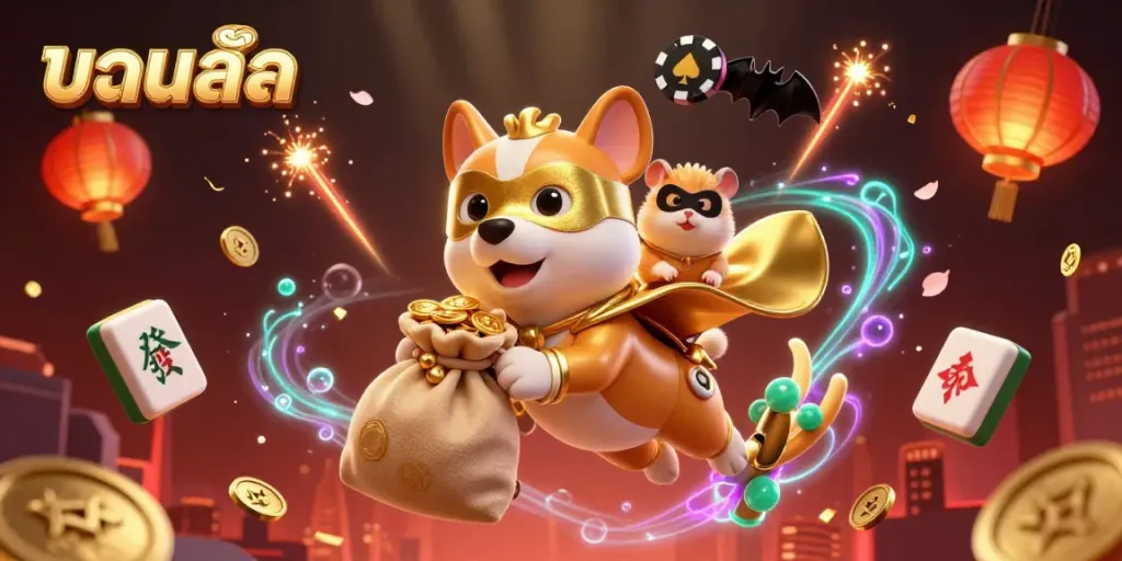 Experience thrilling betting excitement with บอลสด featuring a superhero dog and colorful casino elements.