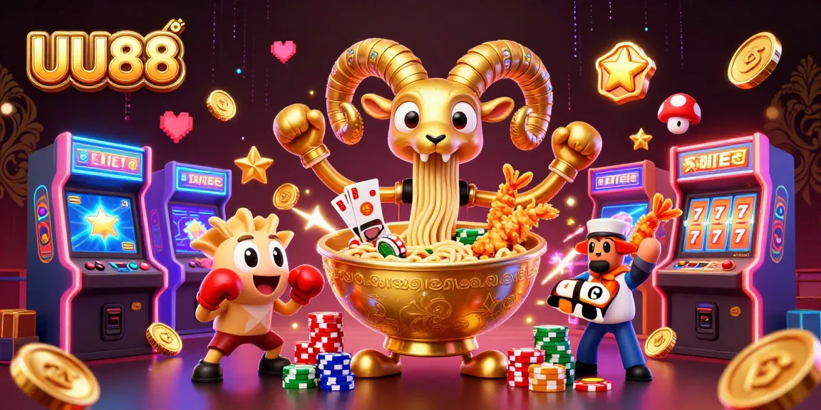 Experience the excitement of UU88 with a dynamic casino illustration filled with lively characters.