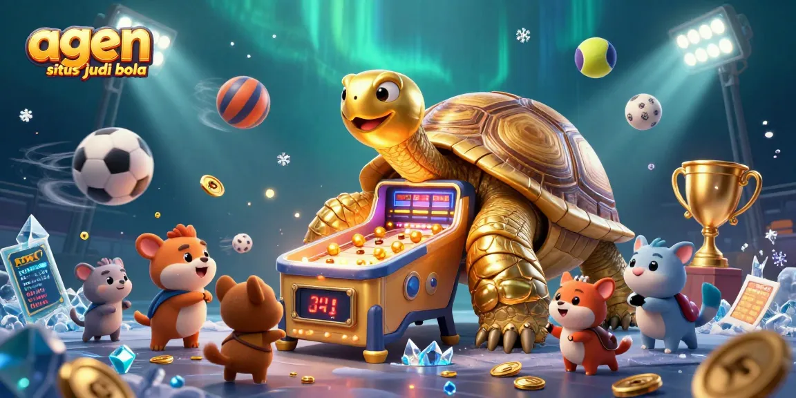 Bet on agen situs judi bola while a golden tortoise and animals enjoy sports betting excitement.