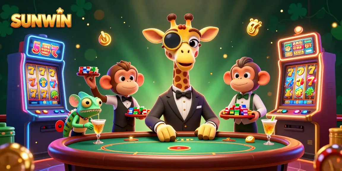 SUNWIN enthralls players with a vibrant casino scene featuring a giraffe, monkey, and chameleon celebrating big wins.