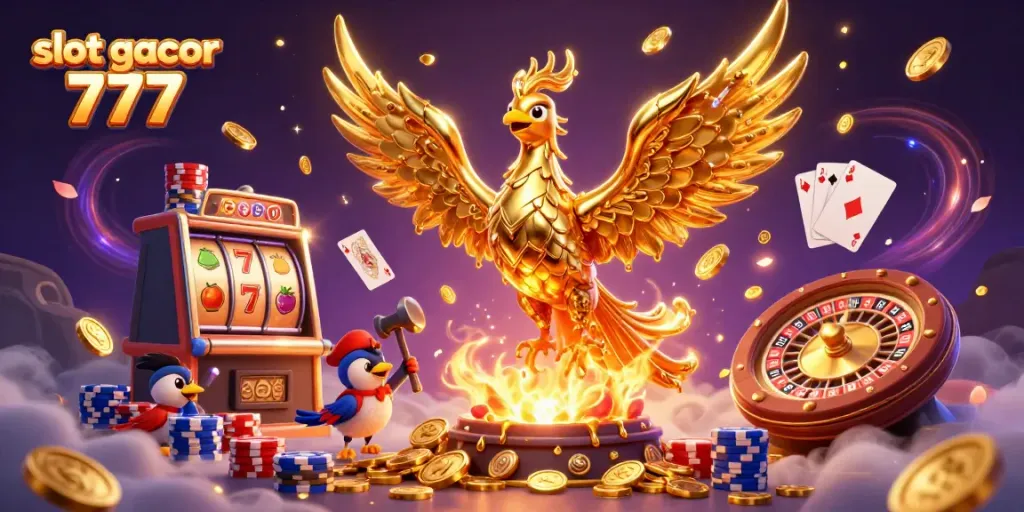 Slot gacor 777 menampilkan phoenix emas dan elemen kasino dalam ruang penuh keberuntungan