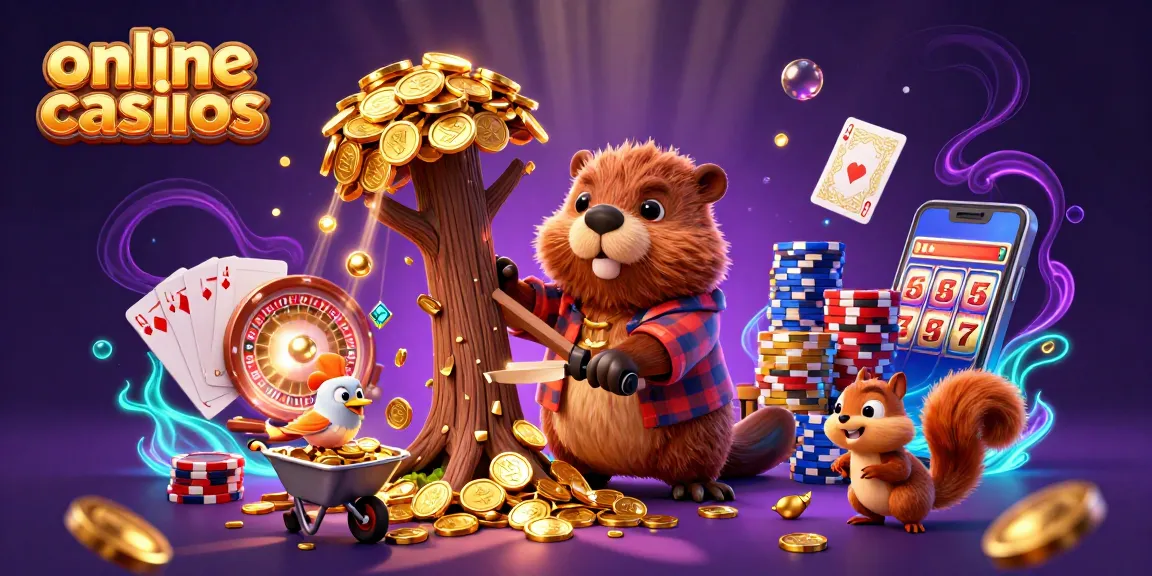 Experience exciting online casinos with vibrant animations of a beaver and friends collecting golden coins.