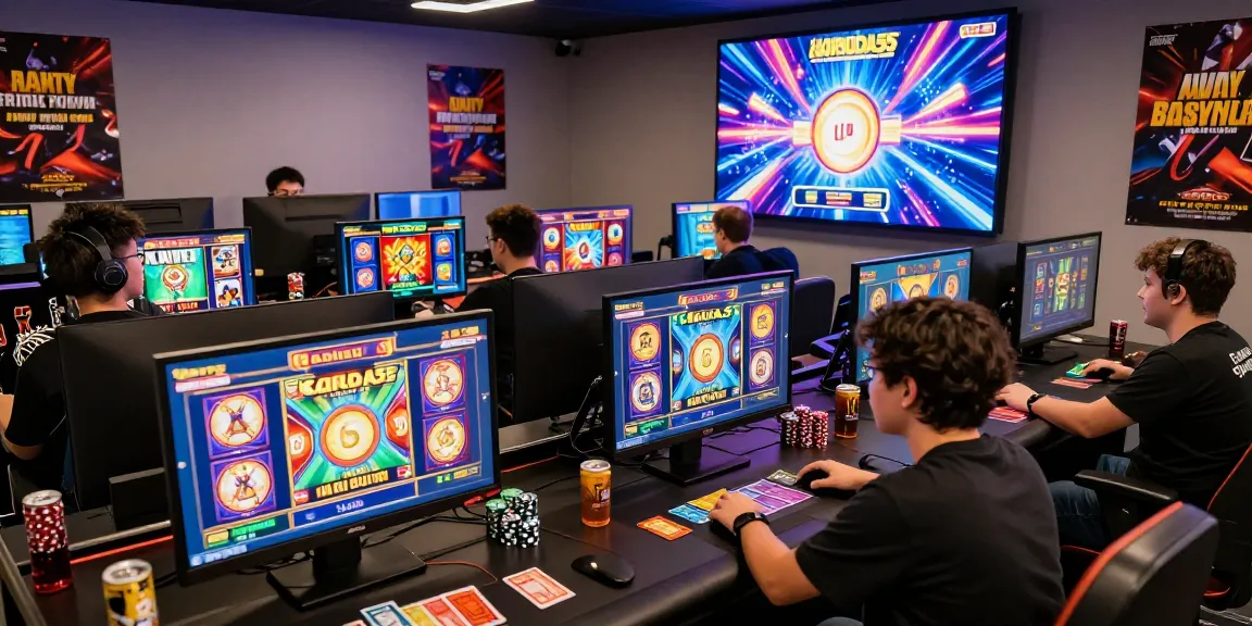 GARUDA55 players enjoying vibrant online slot gaming experience in a lively lounge.