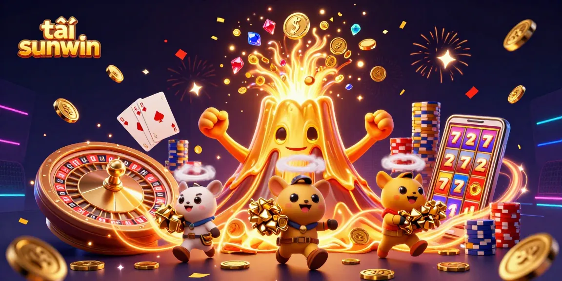 Experience thrilling gameplay with tải sunwin, featuring a golden volcano erupting treasures in a vibrant casino scene.