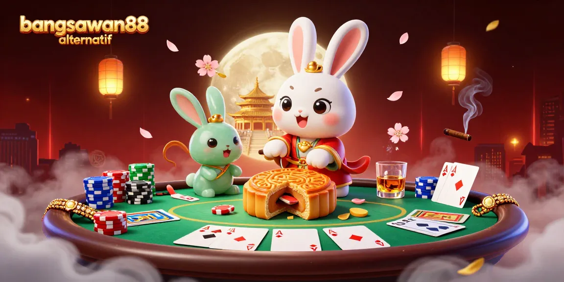 Engage with bangsawan88 alternatif featuring a whimsical moon rabbit amidst poker elements in a vibrant 3D scene.
