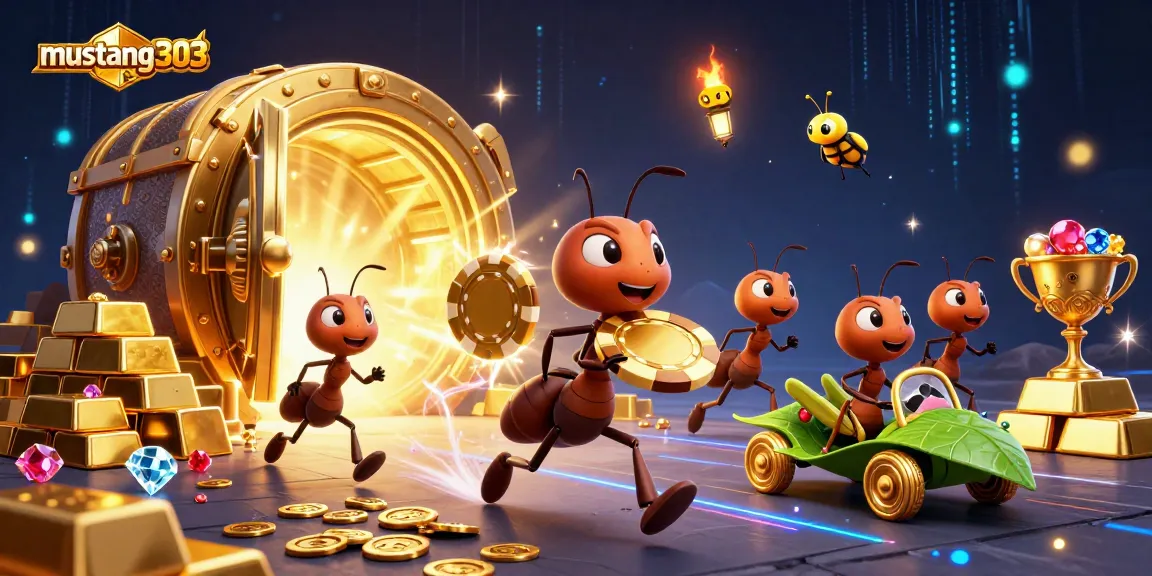 Experience thrilling adventures with mustang303 as cartoon ants carry a giant poker chip in this vibrant casino heist.