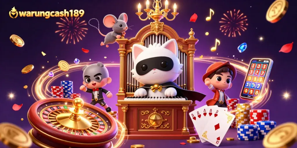 Experience the excitement of warungcash189 with a vibrant casino illustration featuring slot elements.