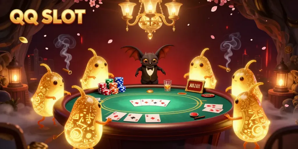 Experience QQ SLOT with glowworms lighting up a vibrant casino scene filled with poker elements.
