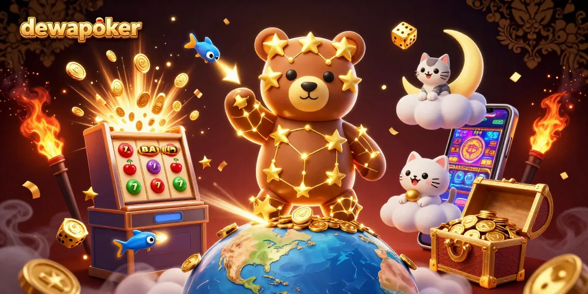 Dewapoker menampilkan permainan slot terbaik dengan karakter kartun mendetail di latar belakang malam yang megah