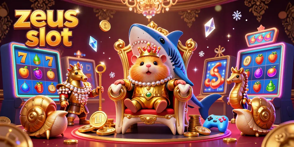 Engage with zeus slot, featuring a golden hamster king on a megalodon throne, surrounded by colorful slot machines.