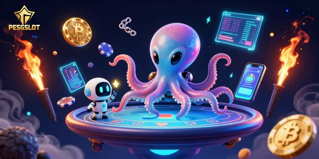 Slot gacor PESGSLOT yang menampilkan makhluk luar angkasa dan meja poker holografis.