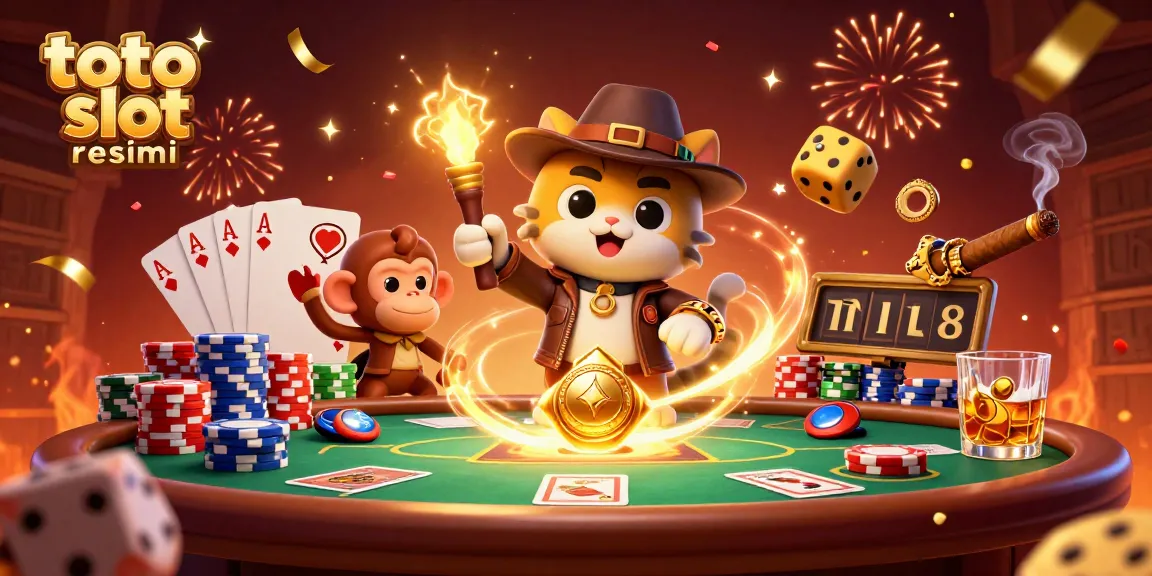 Engage with toto slot resmi in an exciting casino scene featuring vibrant characters, poker elements, and festive spirits.
