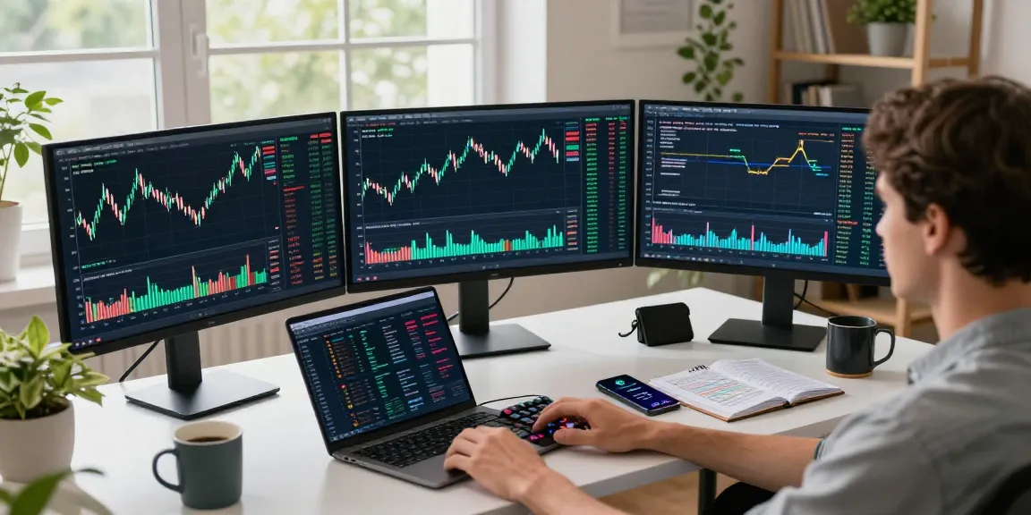 Play exchange trading environment with cryptocurrency charts and secure digital wallet in a modern workspace