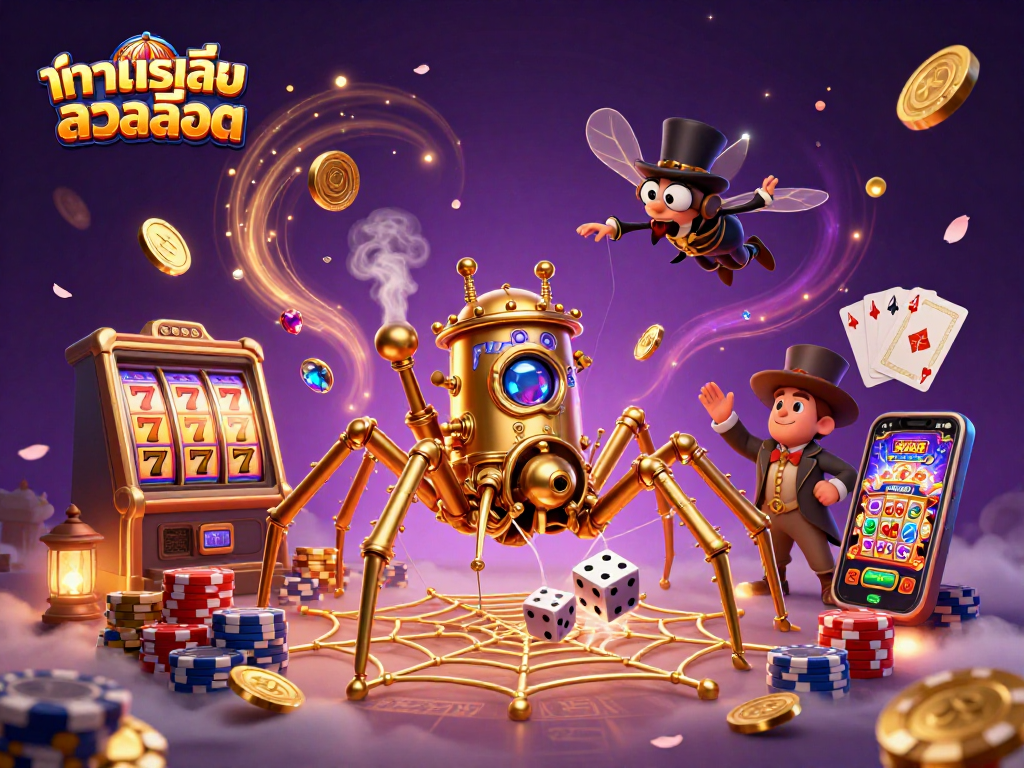 Experience thrilling ทดลองเล่นสล็อต action as a golden spider entangles dice in a vibrant casino scene.