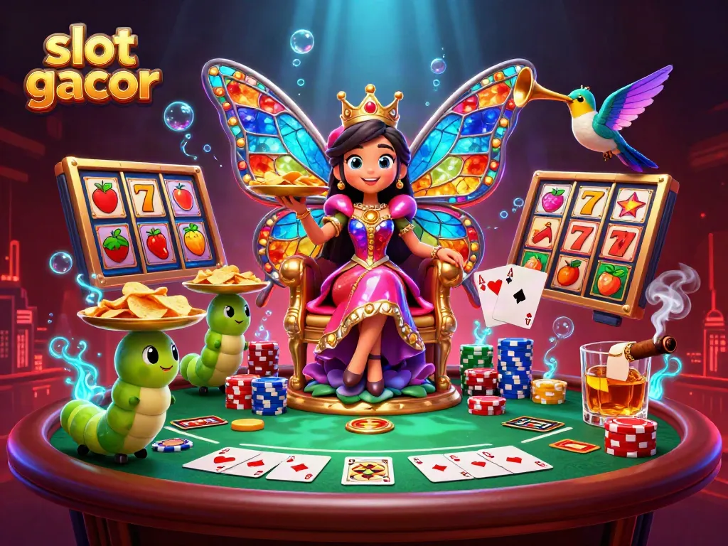 Slot gacor menghadirkan ilustrasi 3D dengan ratu kupu-kupu dan elemen slot yang berwarna-warni, menggoda para pemain untuk menang.
