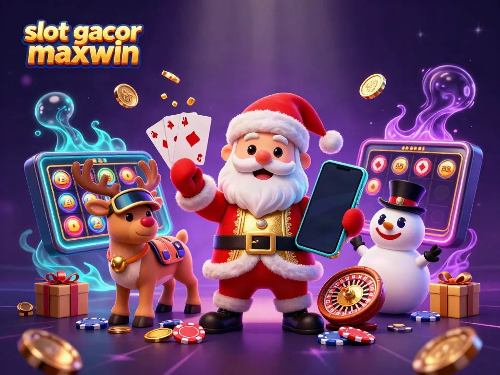 Slot gacor maxwin menampilkan Santa 3D kartun di kasino dengan elemen judi penuh warna dan bercahaya.