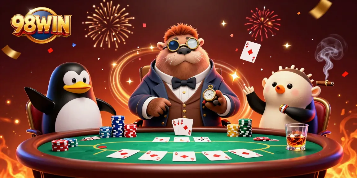 Engage with thrilling poker action at 98WIN, featuring a walrus in a Victorian outfit, a penguin dealer, and a bluffing pufferfish.