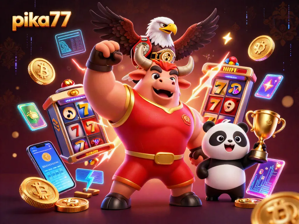 Win big with PIKA77's exciting online casino features, showcasing vibrant game elements and lively characters.
