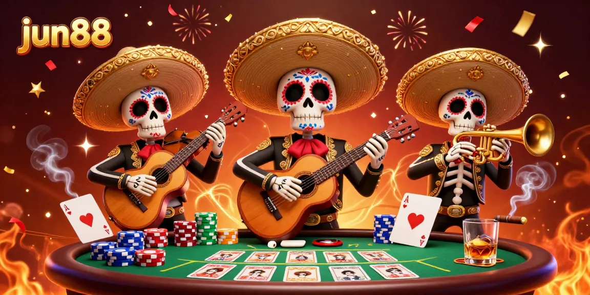 Experience the thrill of poker with jun88 in a vibrant mariachi themed 3D illustration.