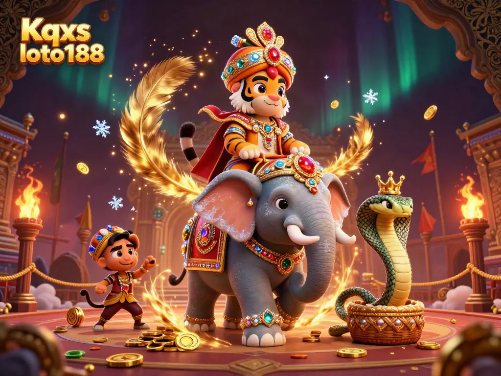Kqxs loto188 brings excitement to lottery players with a vibrant 3D scene showcasing a majestic maharaja tiger, jewel-encrusted elephant, and a crowned cobra.