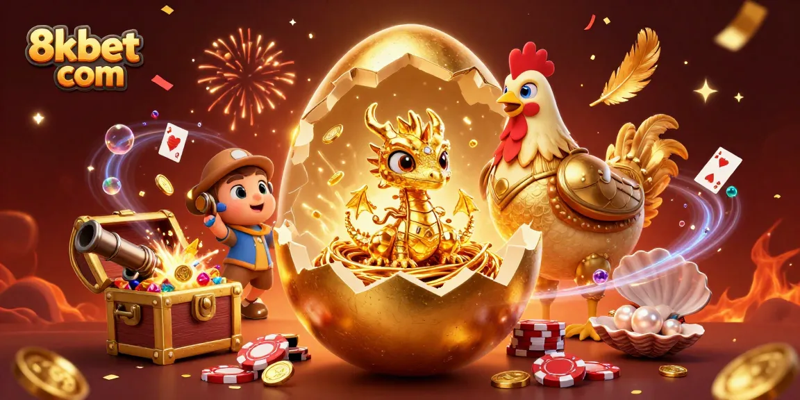 Engage with 8xbet com through a thrilling illustration of a golden egg cracking to reveal a golden dragon amidst poker chips.