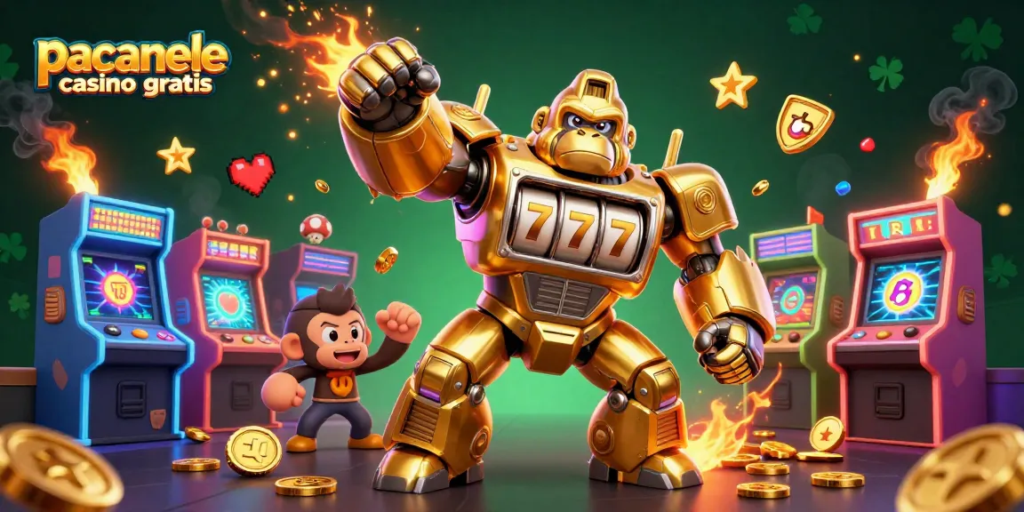 Joacă păcănele casino gratis cu un gorilă mech de aur pe o platformă de joc vibrantă.
