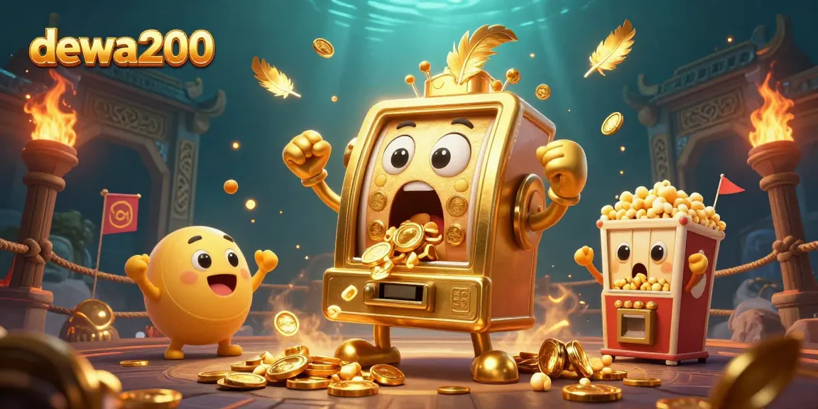 Mesin slot dewa200 berputar dengan jackpot, koin berhamburan, meriah dan penuh warna.