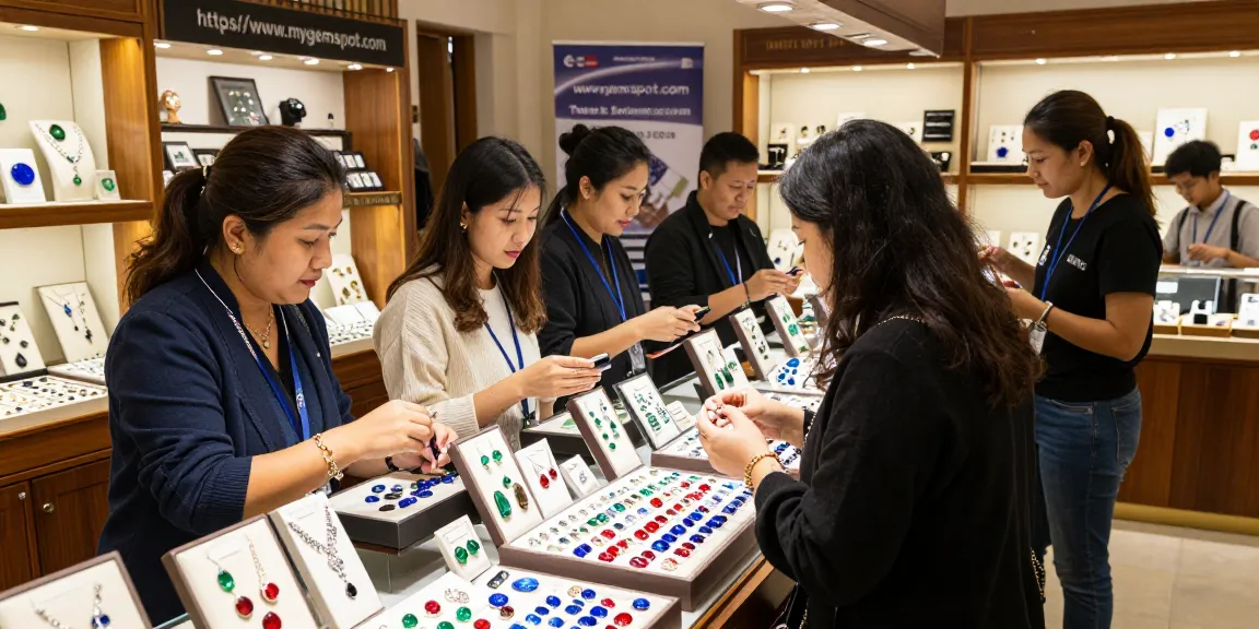 Shopping for premium gemstones at https://www.mygemspot.com with diverse merchants and vibrant displays.