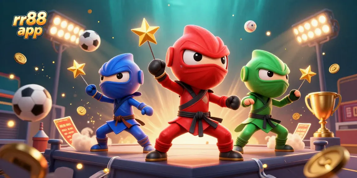 Experience the thrill of the rr88 app with dynamic action from a ninja chameleon team amidst sports and gambling elements.