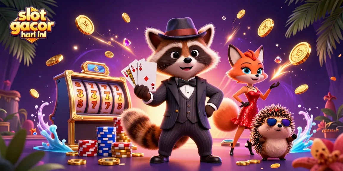 Engaging scene with slot gacor hari ini showcasing a suave raccoon, a fox lady, and a bouncer amidst vibrant casino elements.
