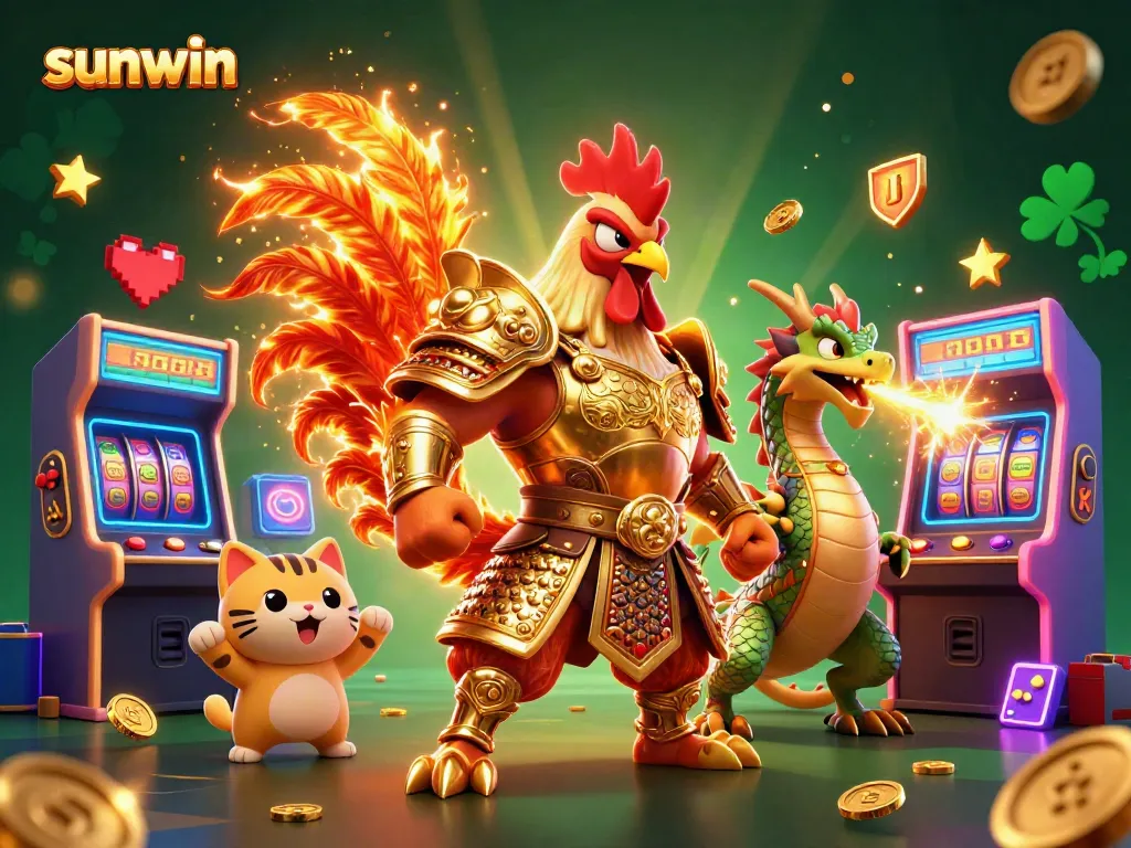 Experience thrilling gaming action with sunwin in an explosive casino scene featuring a rooster warrior and dragon hatchling.
