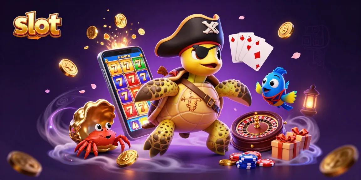 Mainkan slot dengan karakter kura-kura bajak laut, kepiting emas, dan ikan parrot di latar belakang yang kaya.