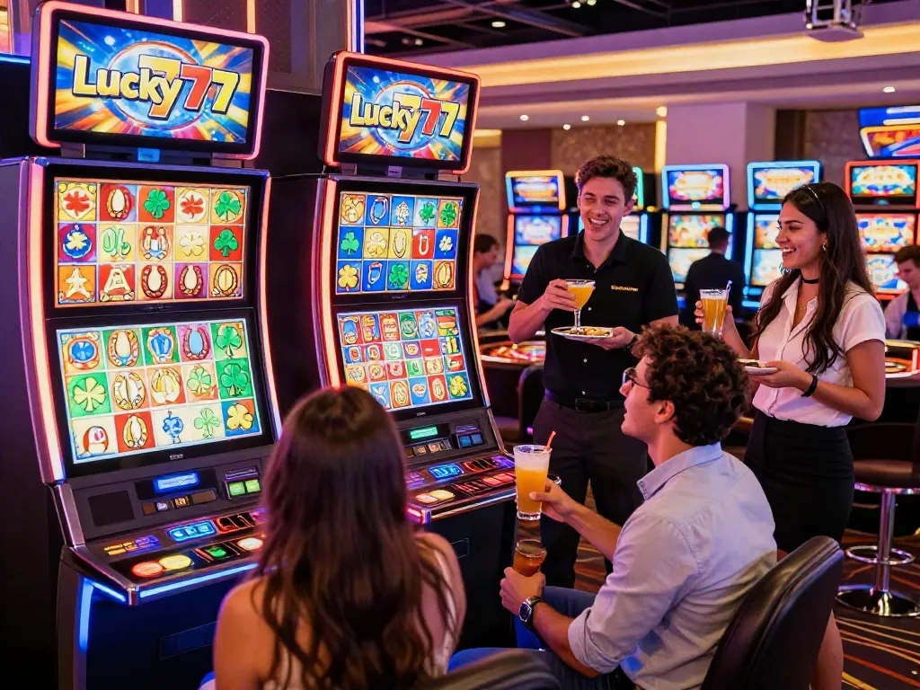 Exciting Lucky777 gaming scene in a vibrant casino with friends celebrating.
