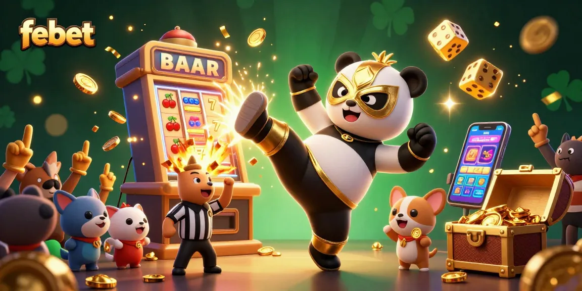 Experience thrilling slots with febet's vibrant casino illustration showcasing action-packed gaming elements.