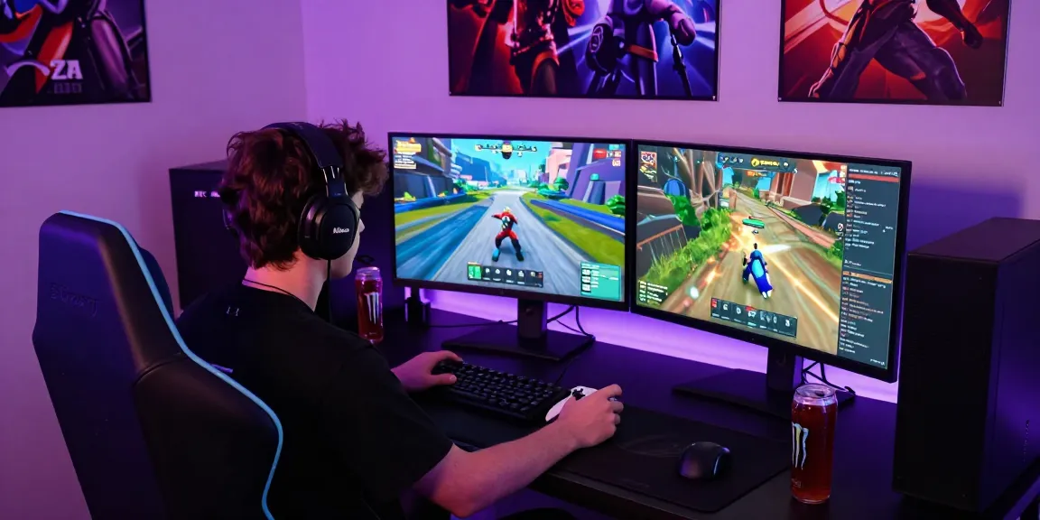 Gamer terjun4d dalam sesi permainan online dengan suasana neon yang energik dan monitor ganda.