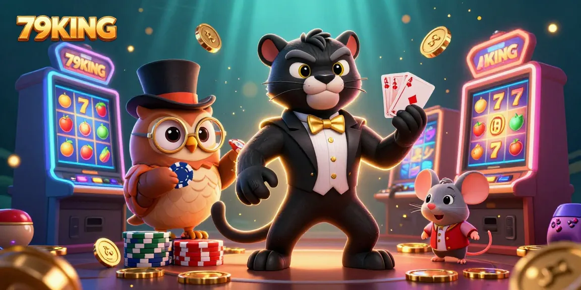 Engage in the colorful world of 79KING with a stylish black panther dealer, lively game elements, and winning cards.