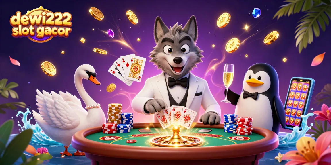 Experience the thrill with dewi222 slot gacor, featuring an animated casino scene with characters and exciting game elements.