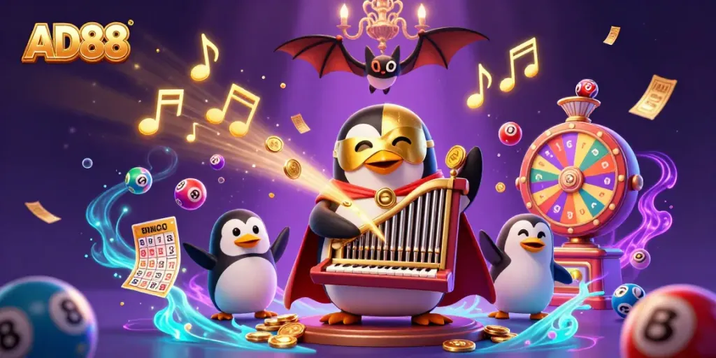 Engage with AD88's vibrant casino scene featuring 3D cartoon characters, animated elements, and dynamic prize displays.