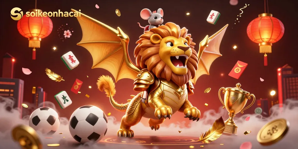 Soi kèo nhà cái with a triumphant chimera and mouse jockey surrounded by sports elements and golden symbols.