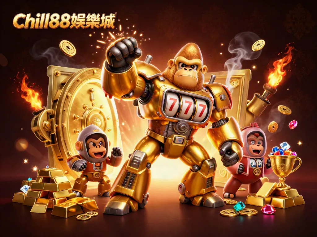 Chill88娱乐城游戏的魅力，金色科幻猩猩机甲与财富元素互动，展现兴奋的游戏体验。