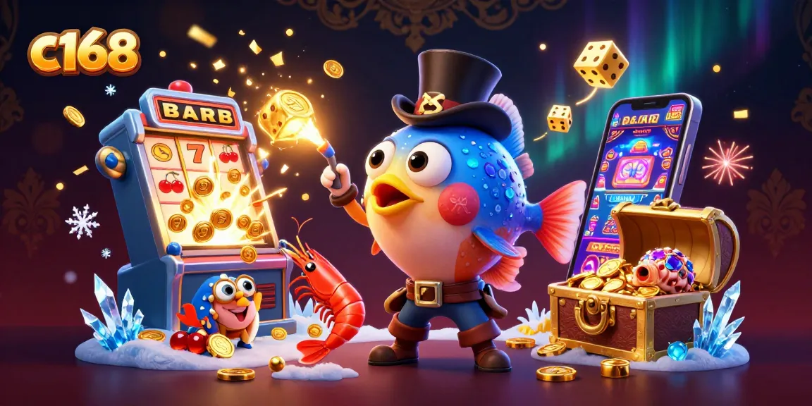 Engage with c168's vibrant casino world as anglerfish attracts golden coins amidst lively slot machines and treasures.