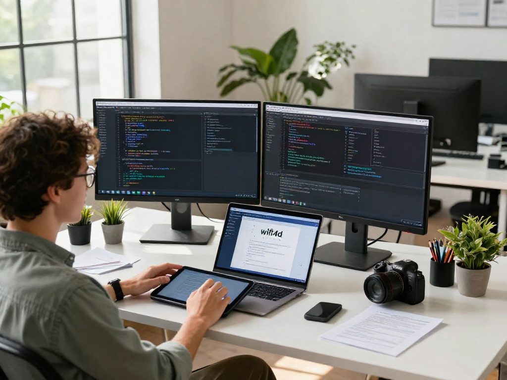 Workspace modern dengan tampilan wifi4d, pengembang bekerja dengan laptop dan monitor di lingkungan yang cerah.